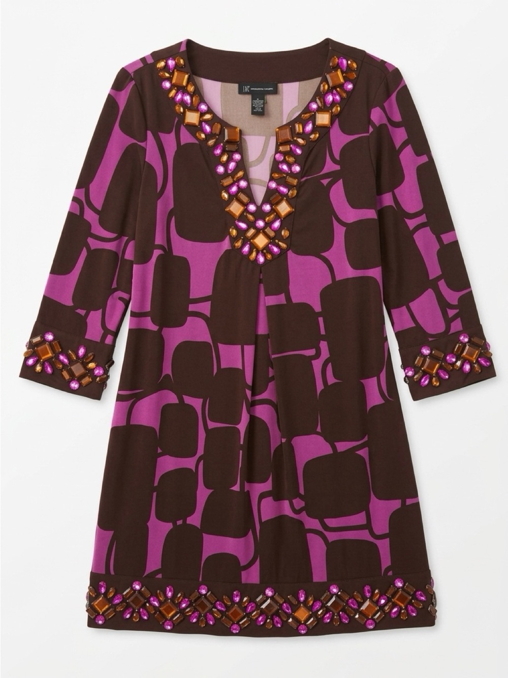 INC International Concepts Purple & Brown Jeweled A-Line Dress Size L